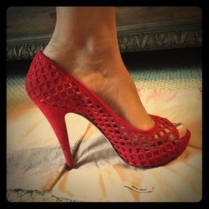 Miu Miu red suede lazercut platform open toe heals